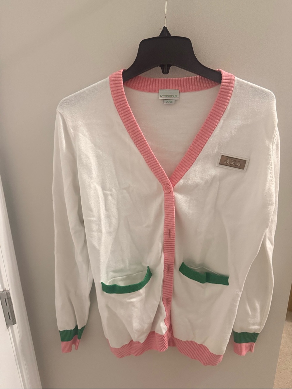 AKA IVY STOREHOUSE White Cardigan with Pink Trim and Green Pocket Accents